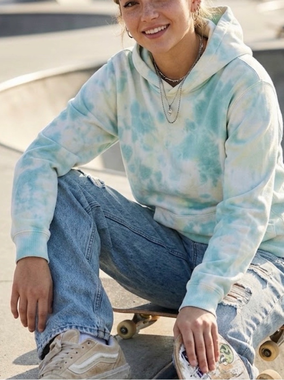 Aerie Women's Oversized Hoodie Sweatshirt Long Sleeve Size XS Teal White Tie Dye